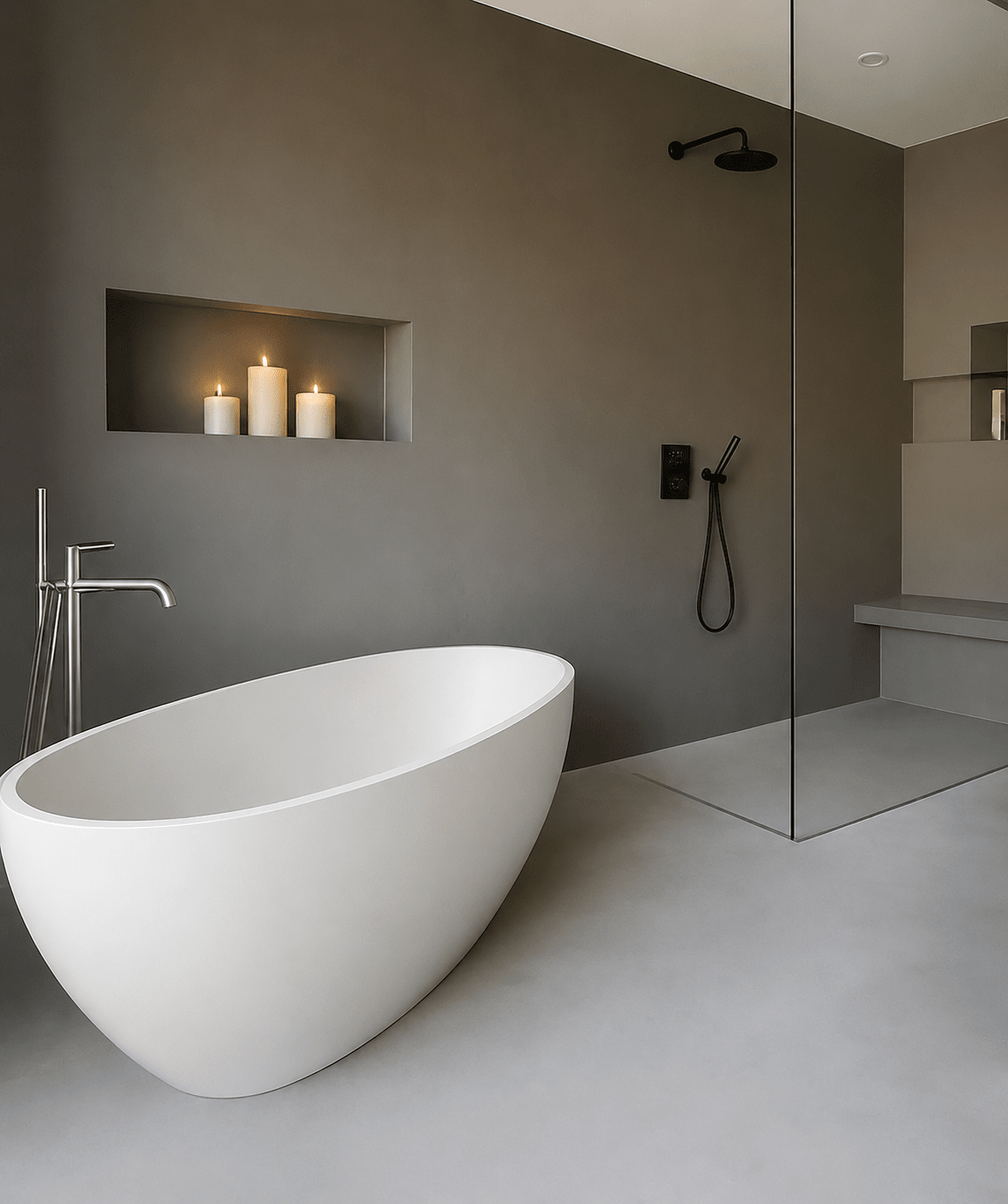 Microcement wanden gecombineerd met Lavasteen Gietvloer in een moderne badkamer