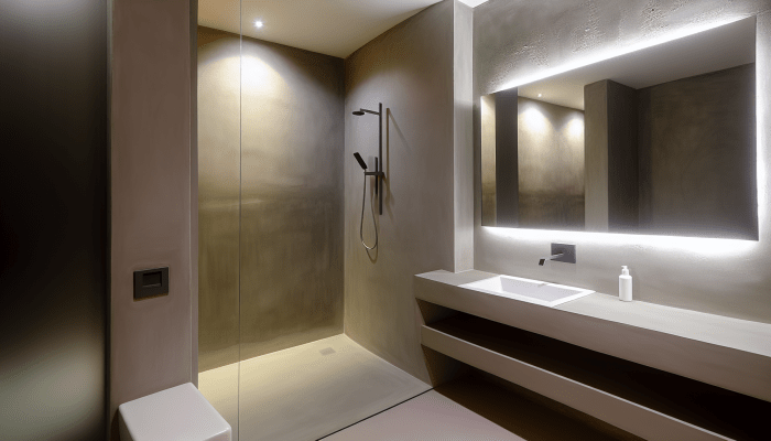 Badkamer met wand in kleur Mushroom en vloer in kleur Linnen