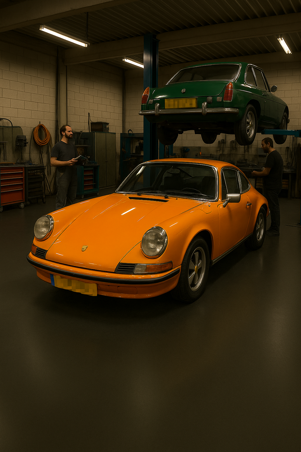 Lavasteen gietvloer in hobby-garage of werkplaats met sportauto op hefbrug