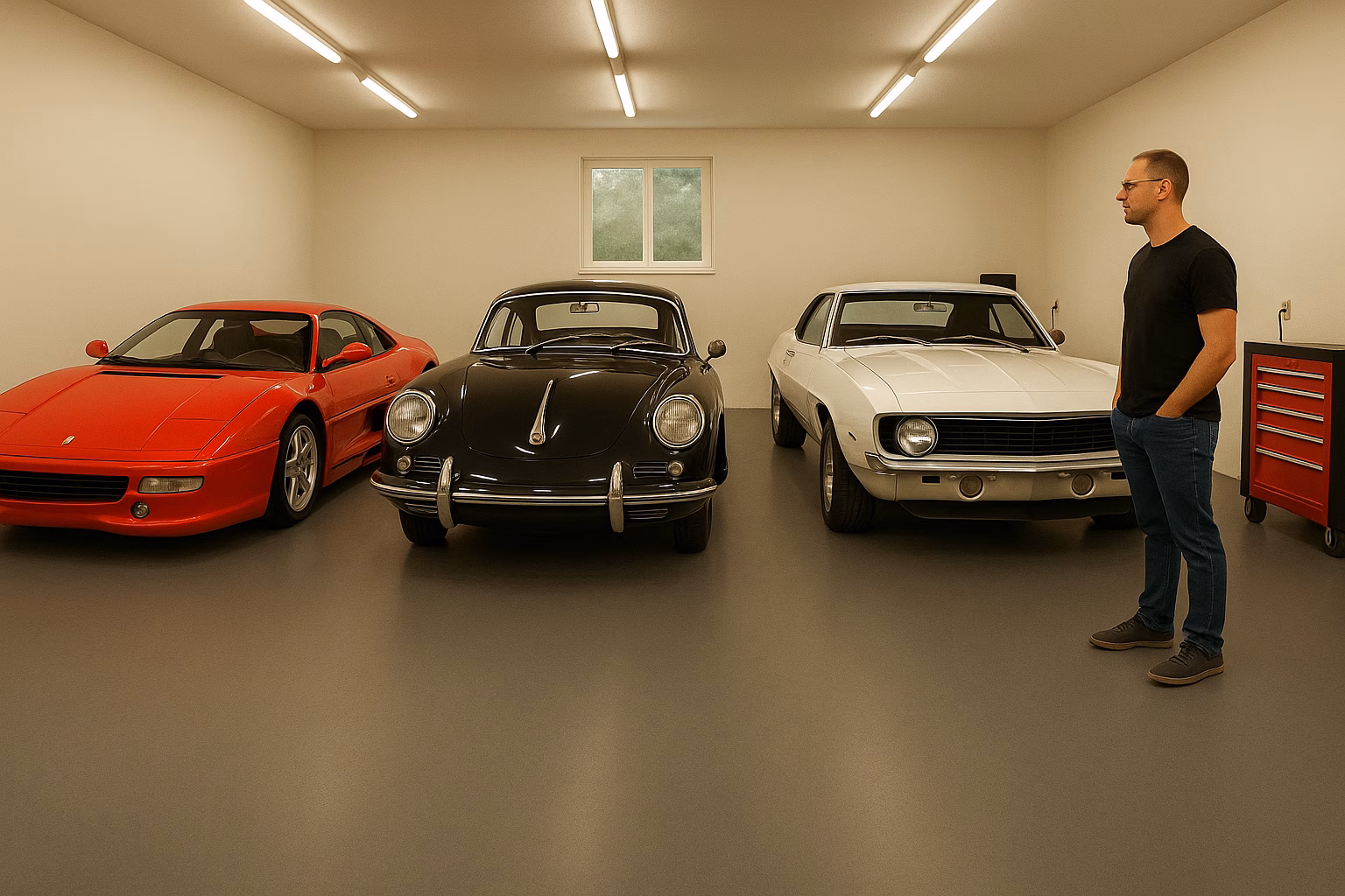 Lavasteen gietvloer in show-garage met drie klassieke sportwagens